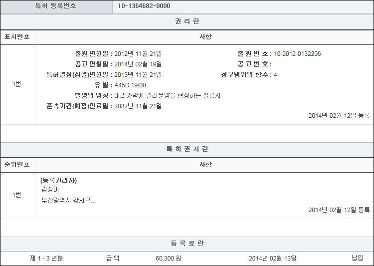 특허 제10-1364682호(머리카락에 컬러문양을 형성하는 필름지, 김성이)