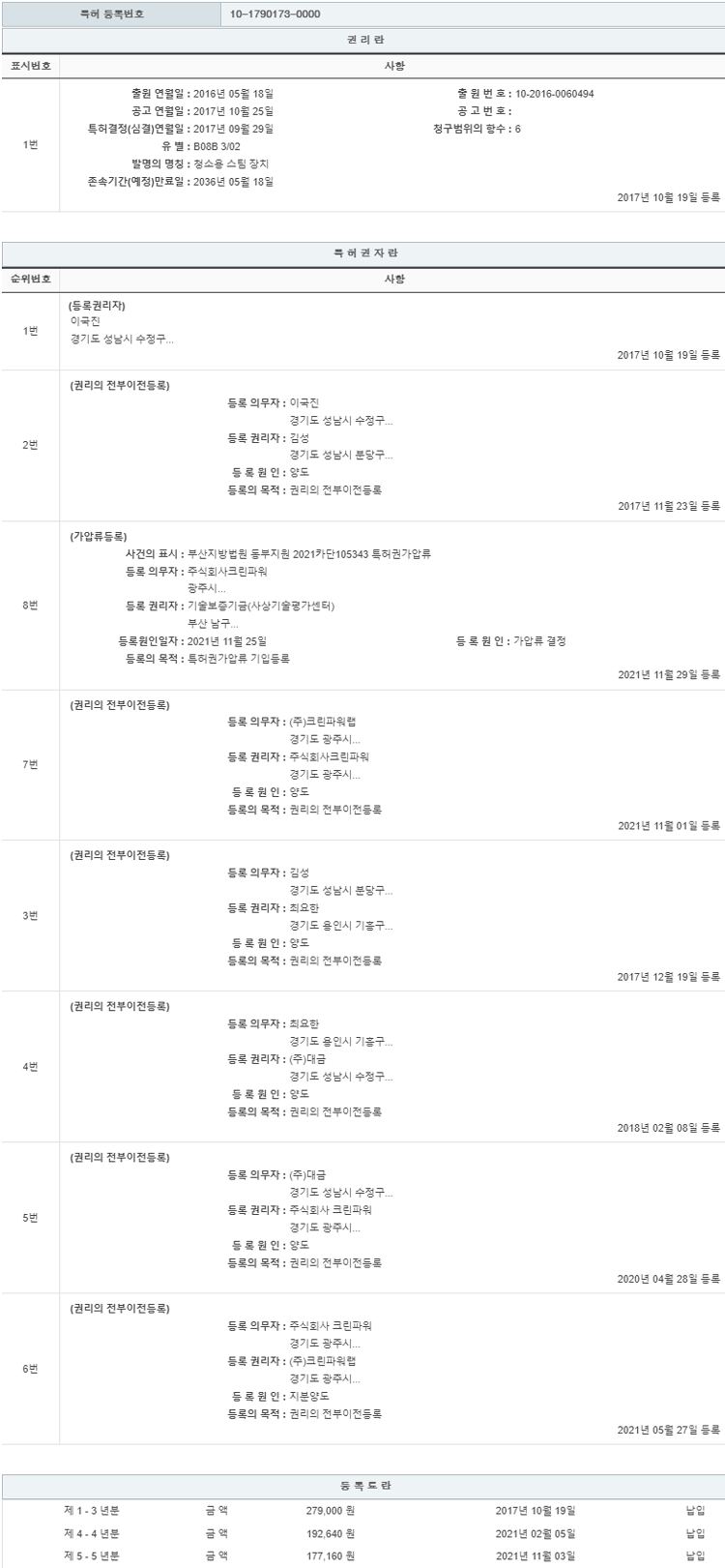 특허 제10-1790173호(청소용 스팀 장치, (주)크린파워, 