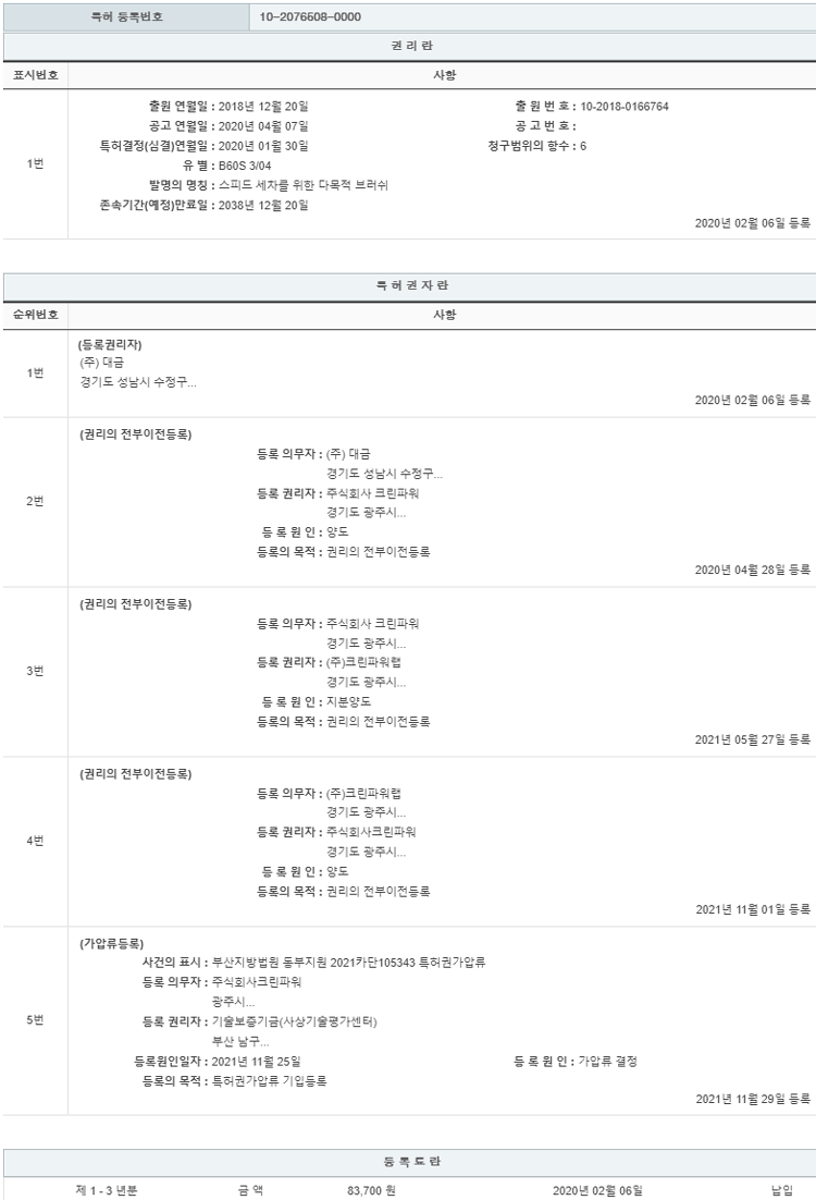 특허 제10-2076508호(스피드 세차를 위한 다목적 브러쉬, (주)크린파워, 