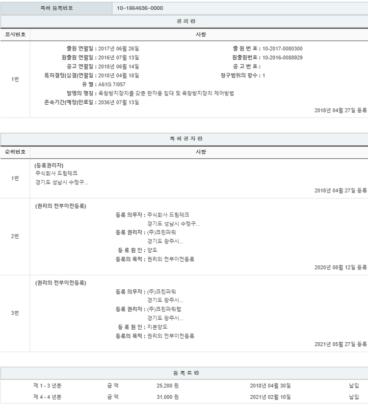 특허 제10-1854636호(욕창방지장치를 갖춘 환자용 침대 및 욕창방지장치 제어방법, 주식회사 크린파워랩, 