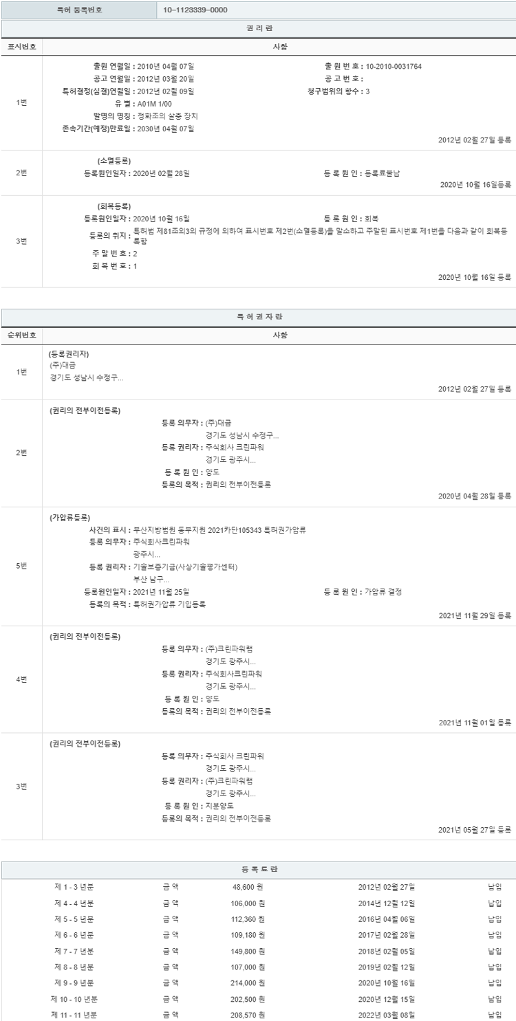 특허 제10-1123339호(정화조의 살충 장치, (주)크린파워, 