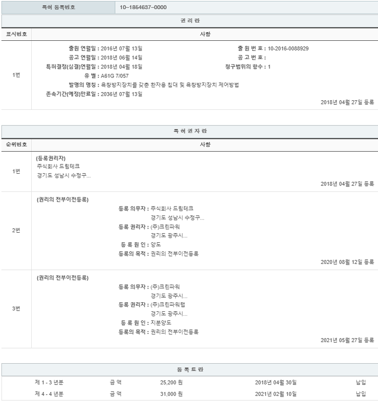 특허 제10-1854637호(욕창방지장치를 갖춘 환자용 침대 및 욕창방지장치 제어방법, 주식회사 크린파워랩, 