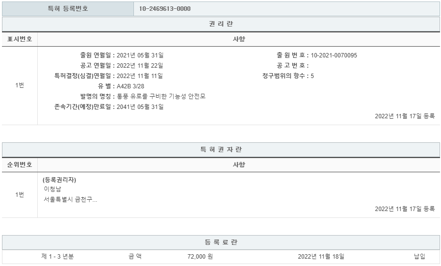 특허 제10-2469613호(통풍 유로를 구비한 기능성 안전모, 이청남)