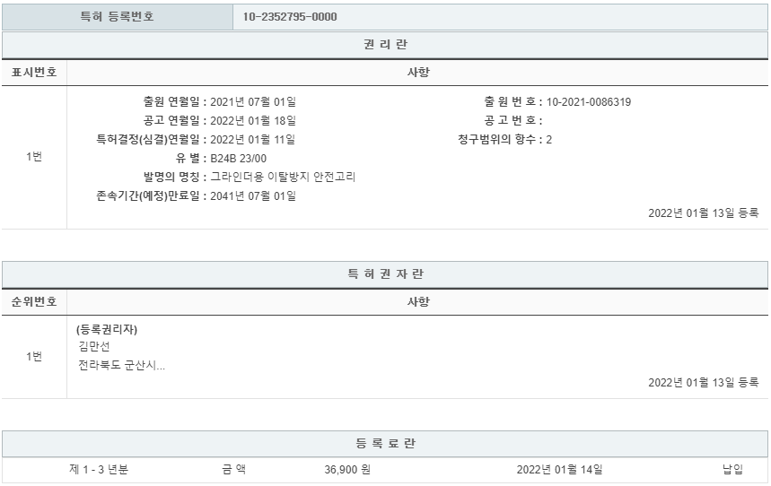 특허 제10-2352795호(그라인더용 이탈방지 안전고리, 김만선, 