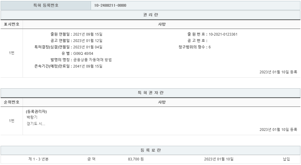 특허 제10-2488211호(금융상품 자동매매 방법, 백랑기, 