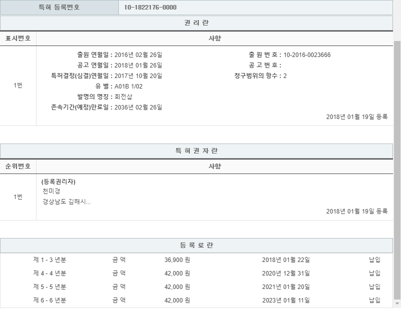 특허 제10-1822176호(회전삽, 천미경, 