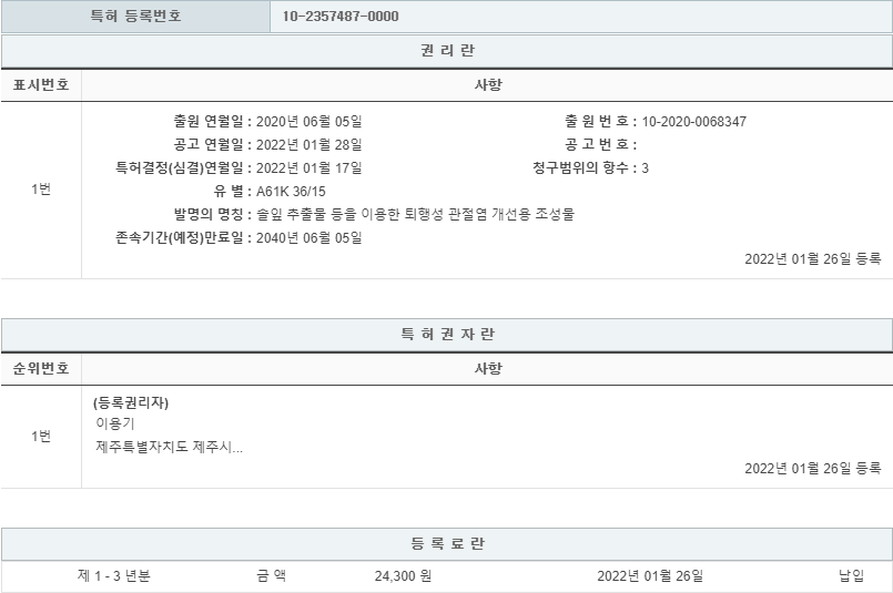 특허 제10-2357487호(솔잎 추출물 등을 이용한 퇴행성 관절염 개선용 조성물, 이용기, 