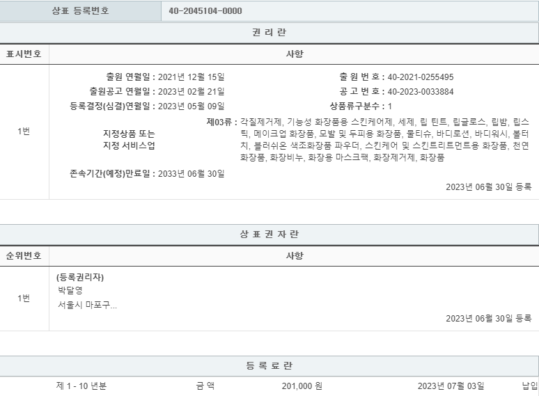 상표등록 03류, 18류, 25류 제40-2045104호 외 2건(METABEAUTY, 박달영)