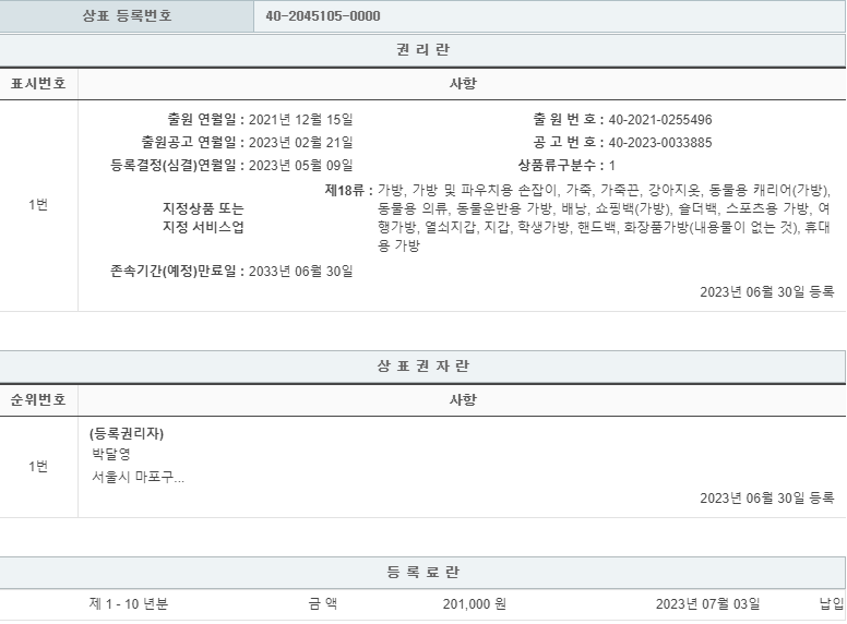 상표등록 03류, 18류, 25류 제40-2045104호 외 2건(METABEAUTY, 박달영)