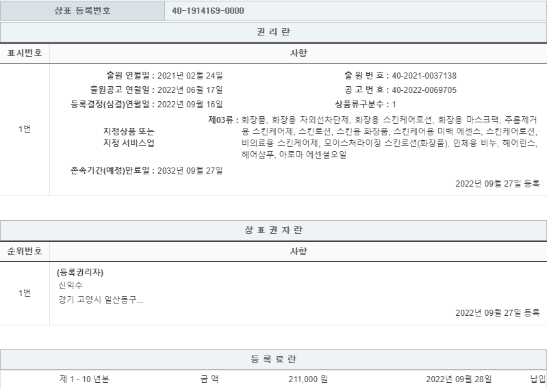 상표등록 03류 제40-1914169호(eureco, 신익수, 