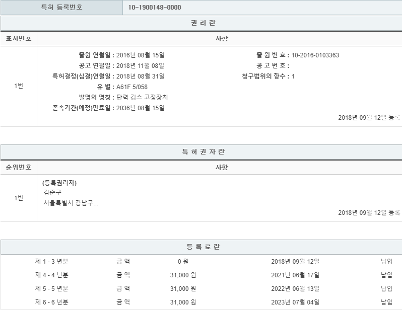 특허 제10-1900148호(탄력 깁스 고정장치, 김준구, 
