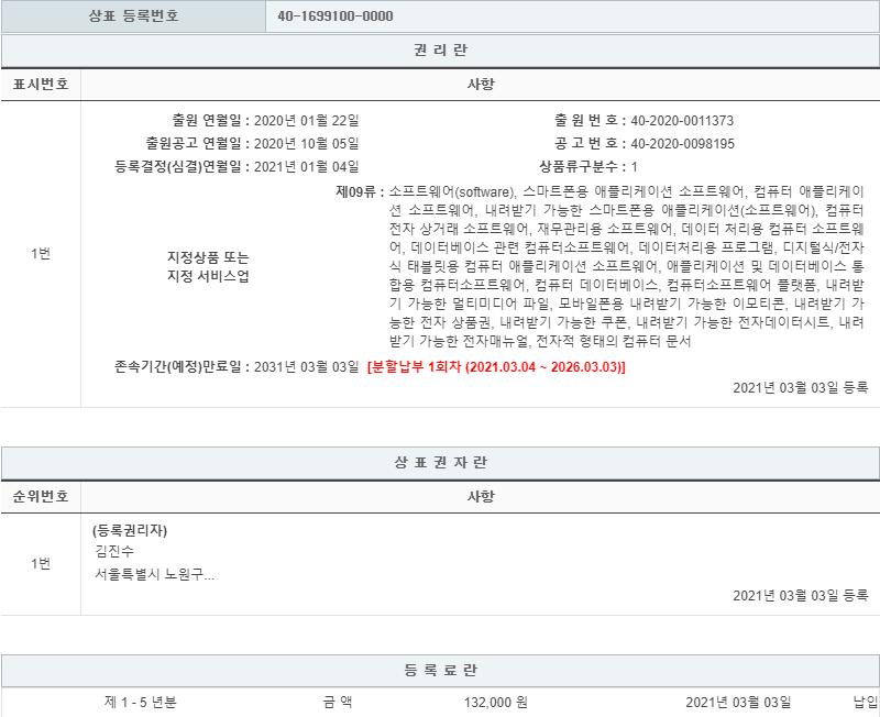 상표등록 09류 제40-1699100호(머니야머니야, 김진수, 