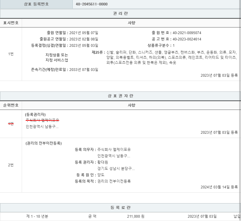 상표등록 25류 제40-2045611호(puksin, 황대원)