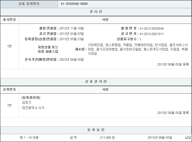 상표등록 43류 제41-0260588호(록은당인 산야초본가, 김영기)