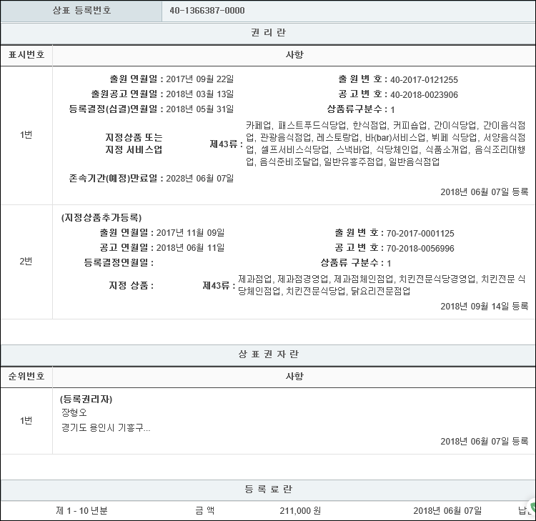 상표등록 45류 43류 39류 제40-1425065호, 40-1366387호, 40-1366386호(NOB, 장형오)