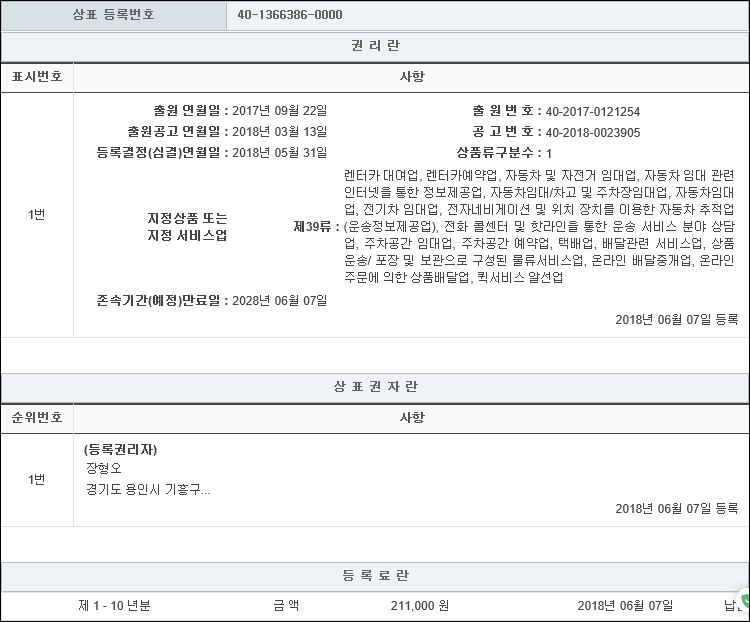 상표등록 45류 43류 39류 제40-1425065호, 40-1366387호, 40-1366386호(NOB, 장형오)