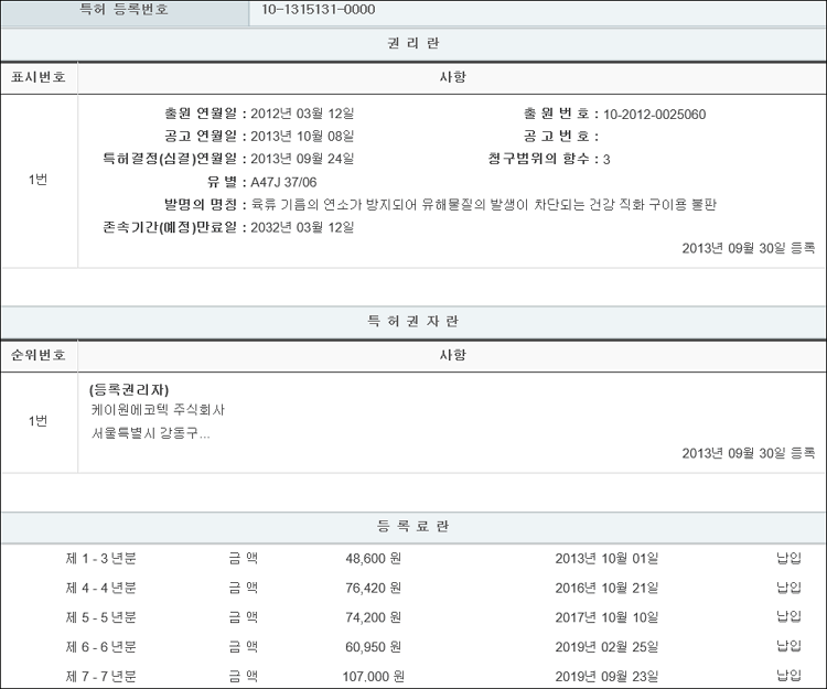 특허 제10-1315131호(육류 기름의 연소가 방지되어 유해물질의 발생이 차단되는 건강 직화 구이용 불판, 케이원에코텍 주식회사, 