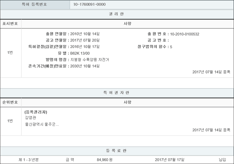 특허 제10-1760091호(지붕형 수륙양용 자전거, 강영관, 