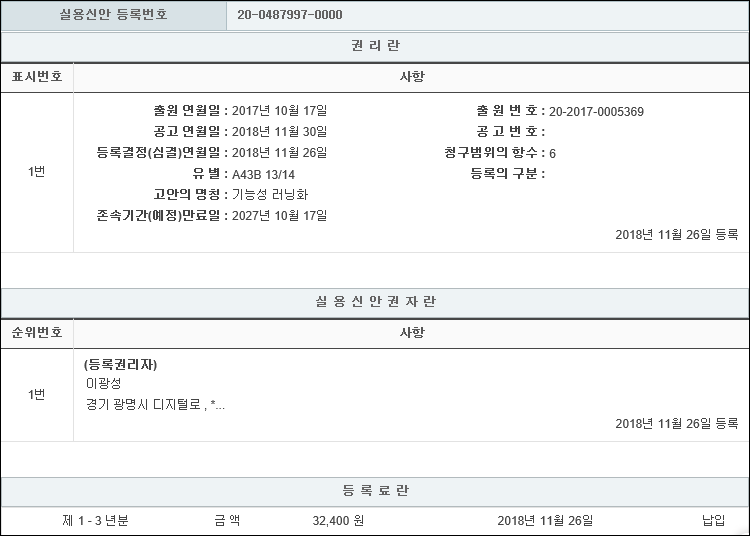 실용신안 제20-0487997호(기능성 러닝화, 이광성, 