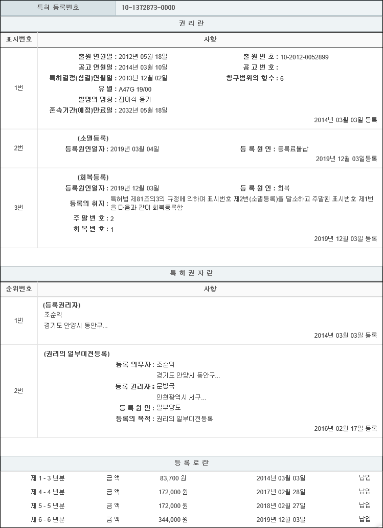 특허 제10-1372873호(접이식 용기/플래포트, 조순익, 