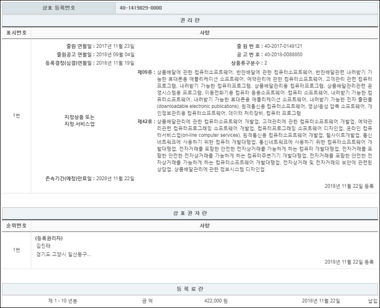 상표등록 09류 42류 제40-1419829호(찬장, 김진태)