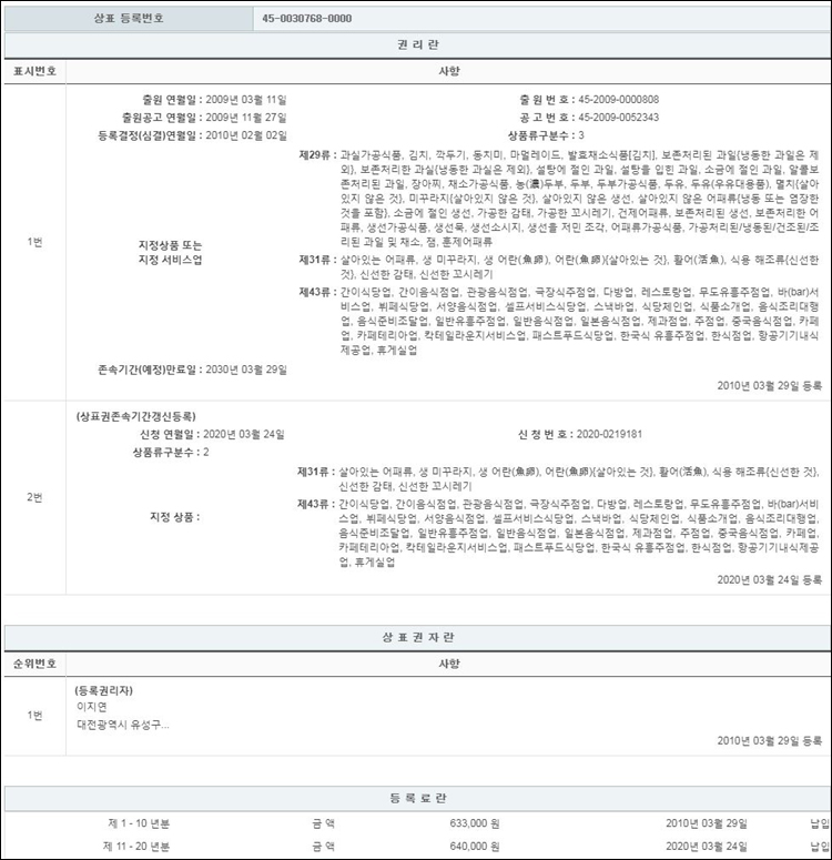 상표등록 31류 43류 제45-0030768호(어화당 어화당, 이지연, 