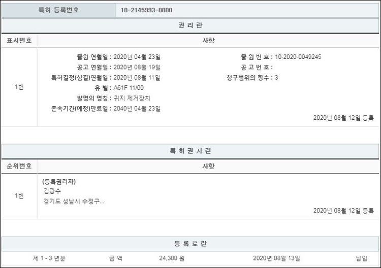 특허 제10-2145993호(귀지 제거장치, 김광수, 