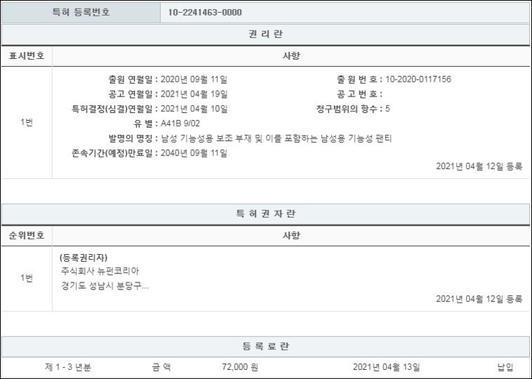 특허 제10-2241463호(남성 기능성용 보조 부재 및 이를 포함하는 남성용 기능성 팬티, 주식회사 뉴펀코리아, 