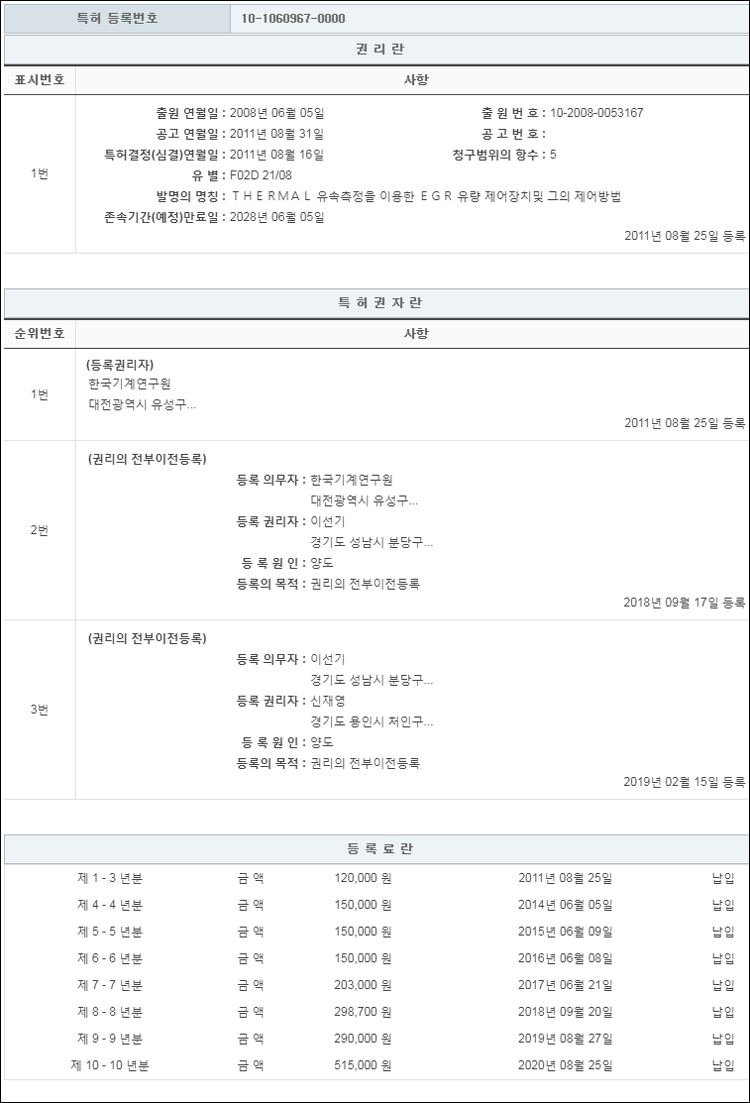 특허 제10-1060967호(ＴＨＥＲＭＡＬ 유속측정을 이용한 ＥＧＲ 유량 제어장치및 그의 제어방법, 신재영, 