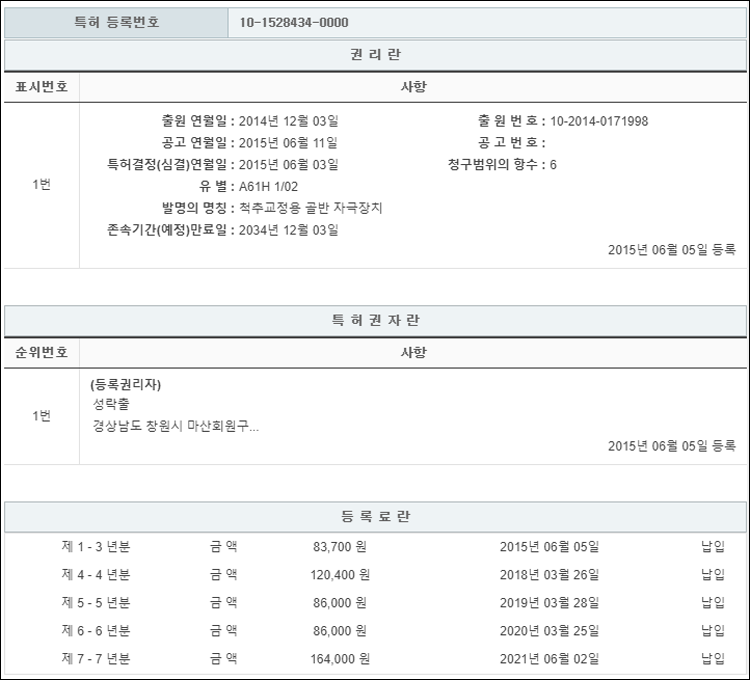 특허 제10-1528434호(척추교정용 골반 자극장치, 성락출)