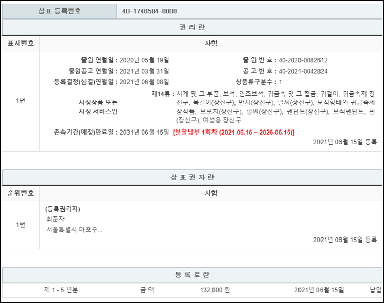 상표등록 14류 제40-1740584호(JELLY BEAN, 최준자)