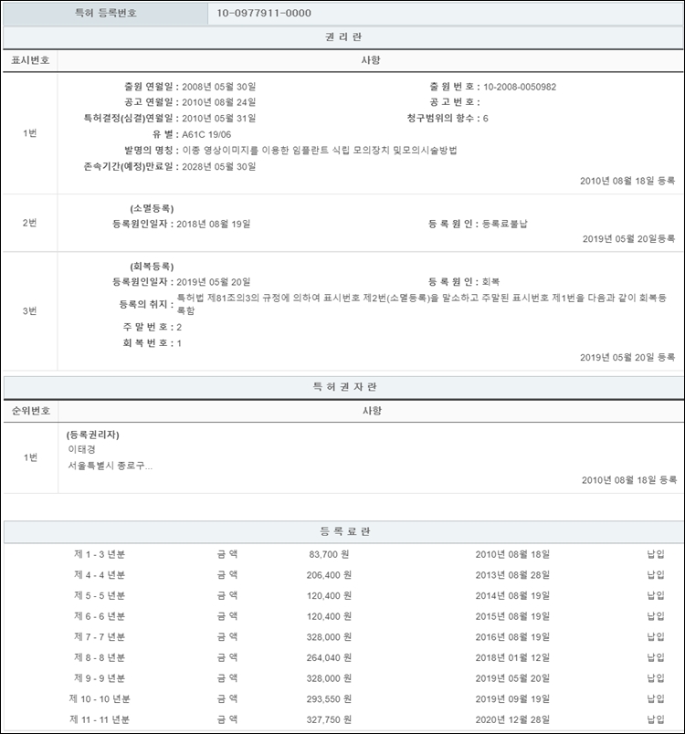 특허 제10-0977911호(이종 영상이미지를 이용한 임플란트 식립 모의장치 및모의시술방법, 이태경)