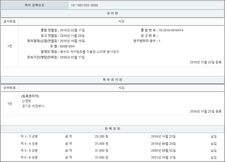 특허 제10-1681003호(복수의 에어펌프를 이용한 스마트 분사장치, 신영환)