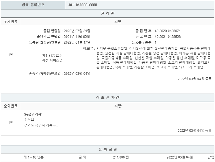 상표등록 35류 제40-1840980호(가락365, 심석보)