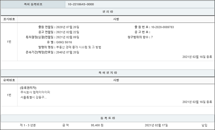 특허 제10-2218543호(부동산 경매 중개 시스템 및 그 방법, 주식회사 엠제이아이피)