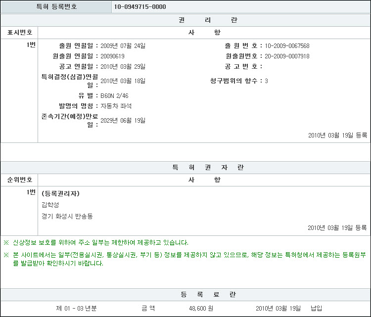 특허 제10-0949715호(자동차 좌석, 김학성)